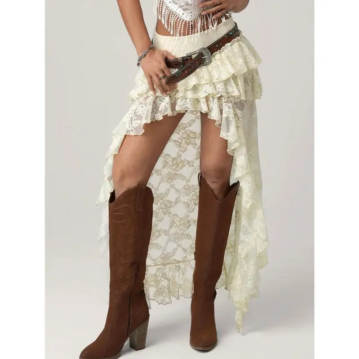 Elegant women's white lace high-low tiered ruffle skirt, perfect for a romantic, boho chic party look