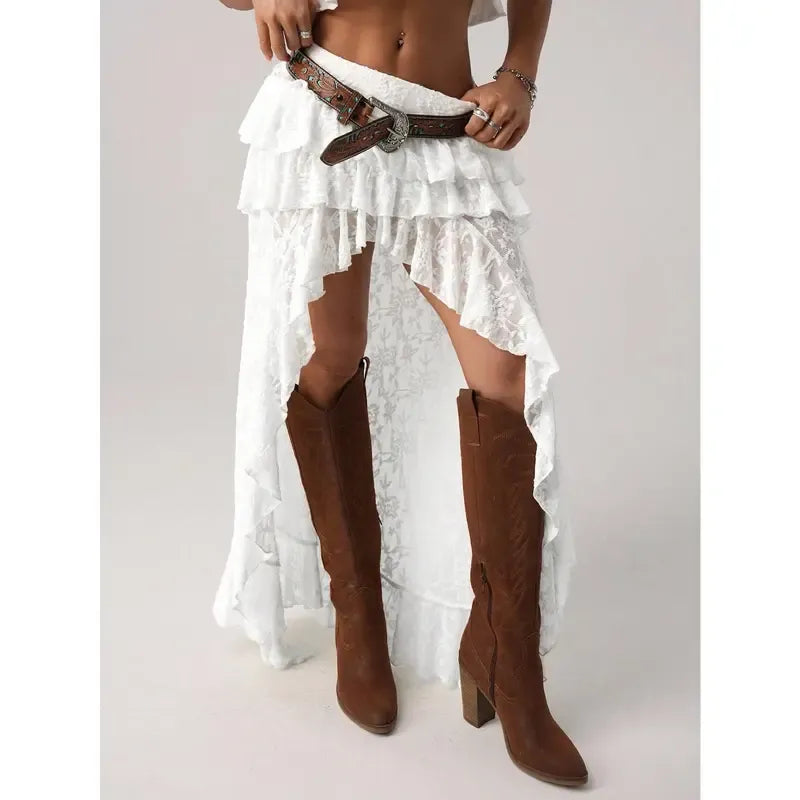 Full view of a women's high-low lace skirt with multiple tiers of ruffles, ideal for party wear