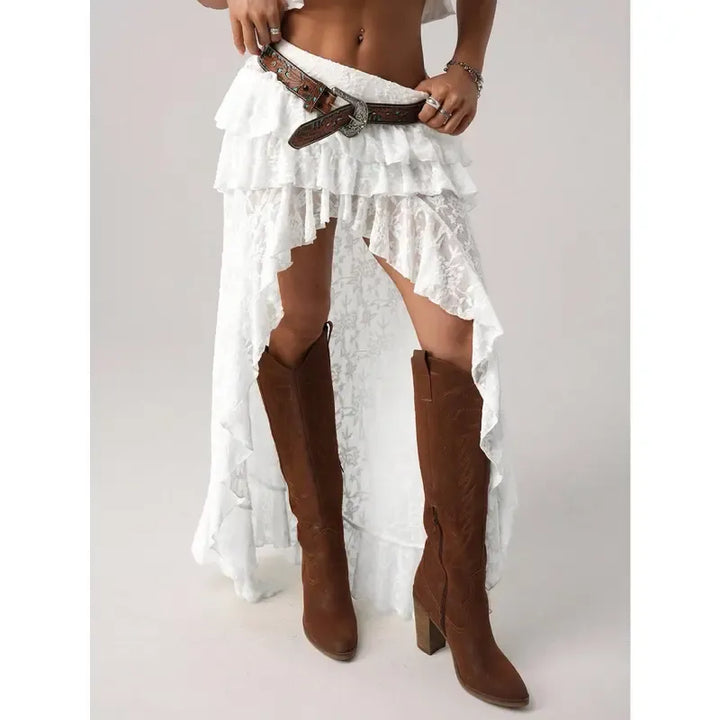 Full view of a women's high-low lace skirt with multiple tiers of ruffles, ideal for party wear