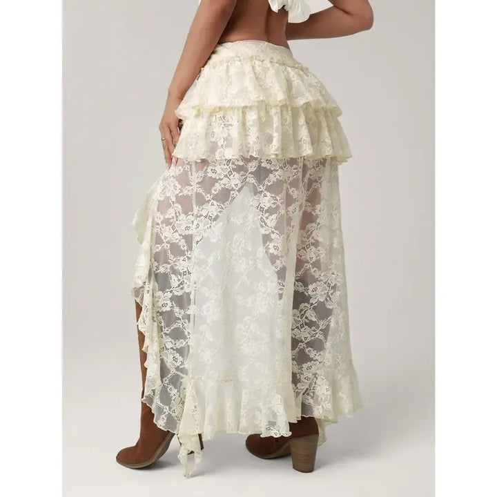 Stylish women's lace high-low skirt with flowing tiered ruffles, showcasing elegant boho chic fashion