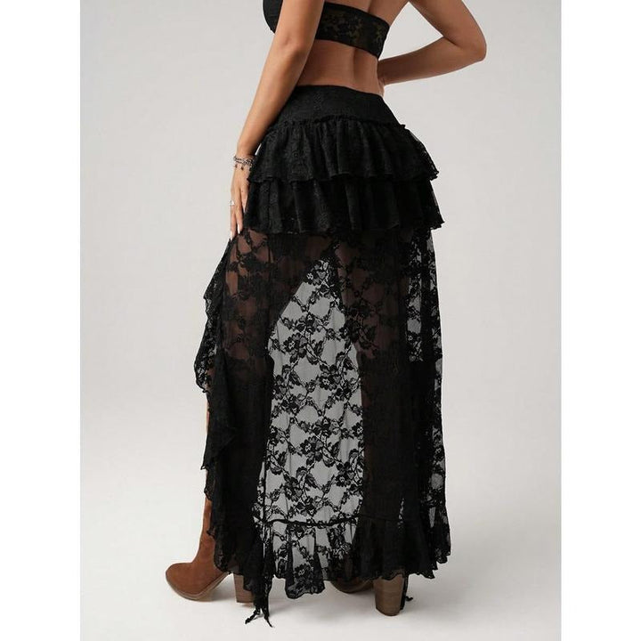 Detail of the intricate lace fabric and soft ruffles on a women's high-low midi skirt, romantic style