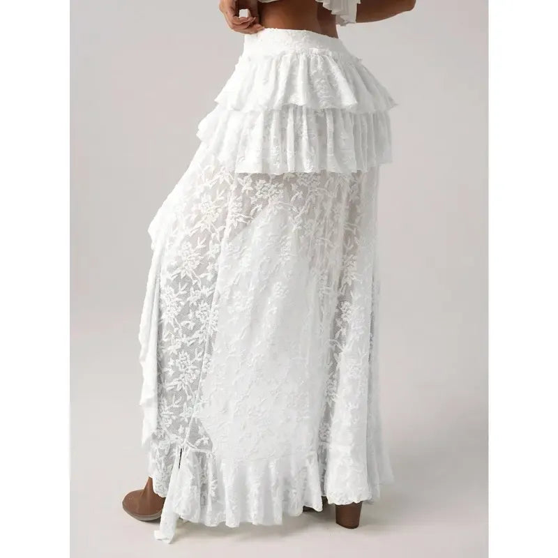 Women's tiered ruffle high-low lace skirt in white, a sophisticated and romantic piece for any occasion