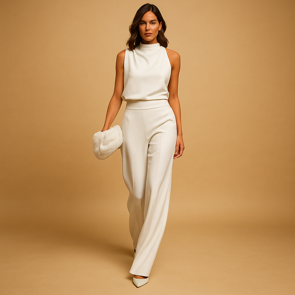 Stylish women's wide-leg halter neck jumpsuit, sleeveless and elegant, perfect for party or evening wear.