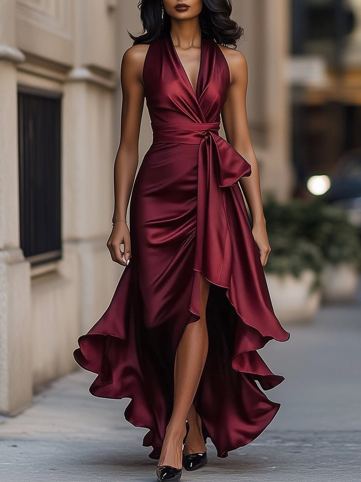Luxurious women's occasion dress, a deep V-neck wrap maxi gown, chic for formal evening events.