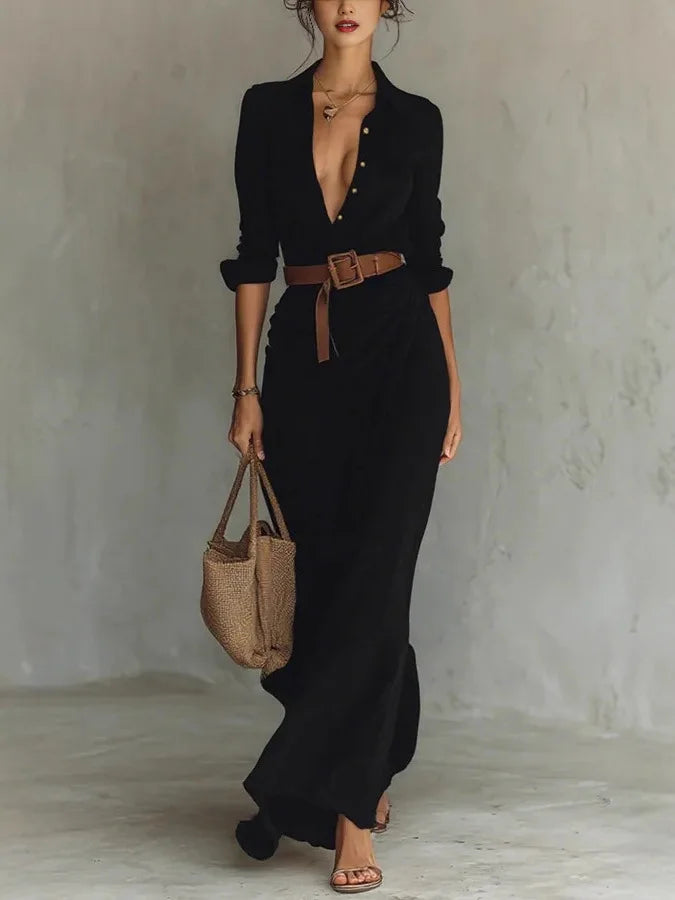 All-season women's elegant wrap maxi dress with adjustable waist, long sleeves & V-neck for a custom, flowy fit.