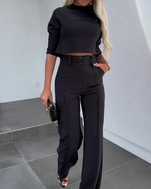 "Elegant women's fall pants set with tailored fit, chic cropped top, soft fabric, and stylish design, perfect for autumn."