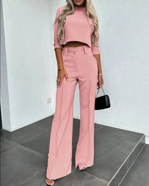 "Elegant women's fall pants set with tailored fit, chic cropped top, soft fabric, and stylish design, perfect for autumn."