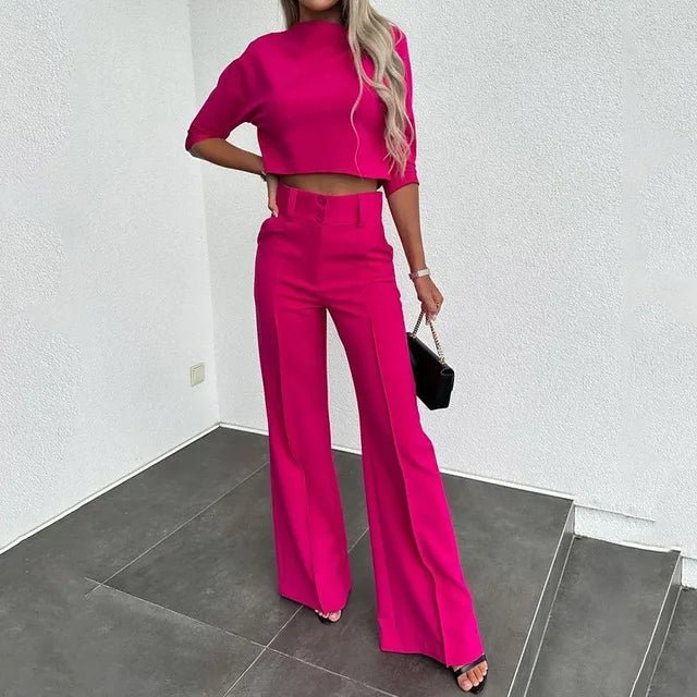 "Elegant women's fall pants set with tailored fit, chic cropped top, soft fabric, and stylish design, perfect for autumn."
