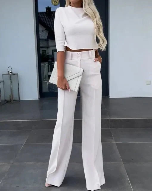 "Elegant women's fall pants set with tailored fit, chic cropped top, soft fabric, and stylish design, perfect for autumn."