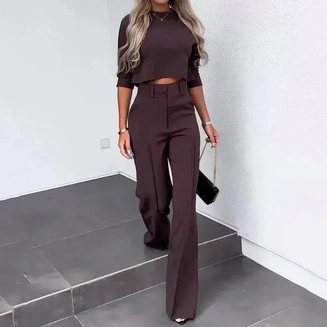 "Elegant women's fall pants set with tailored fit, chic cropped top, soft fabric, and stylish design, perfect for autumn."
