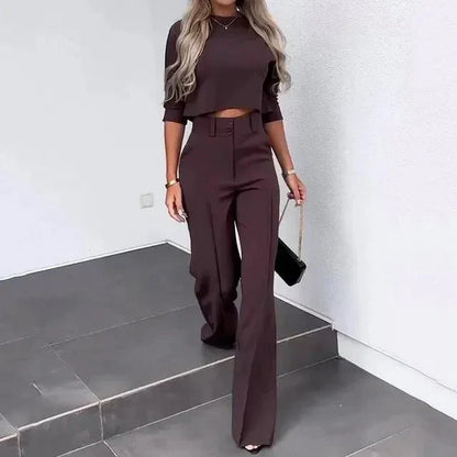 "Elegant women's fall pants set with tailored fit, chic cropped top, soft fabric, and stylish design, perfect for autumn."