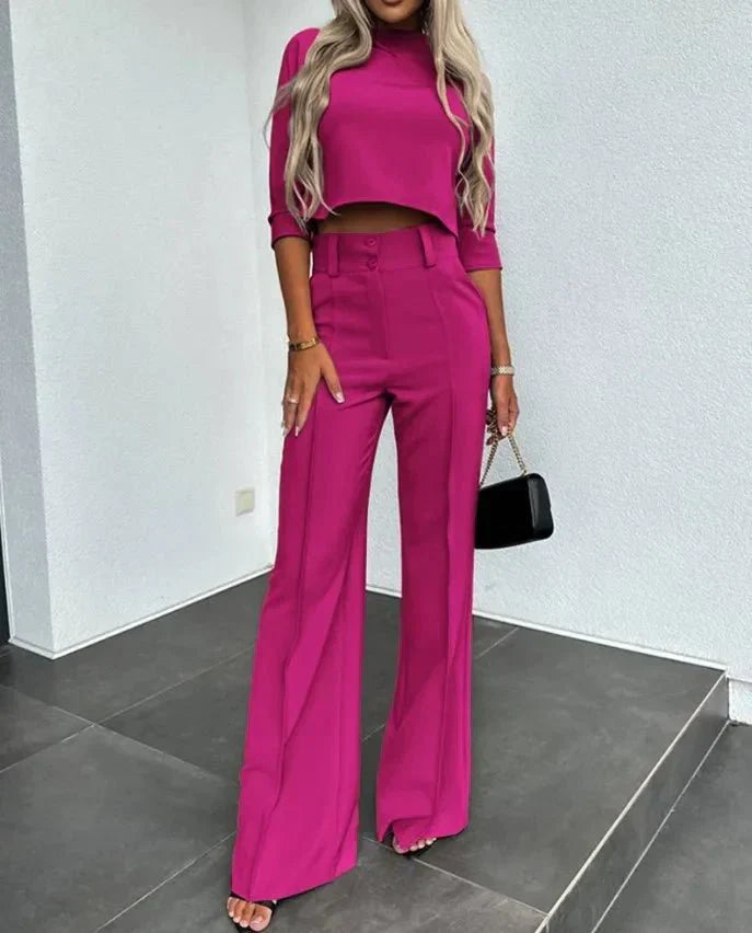 "Elegant women's fall pants set with tailored fit, chic cropped top, soft fabric, and stylish design, perfect for autumn."