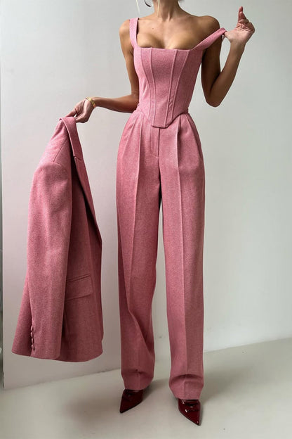 "Elegant women's three-piece suit with structured blazer, bustier top, and wide-leg trousers in classic herringbone weave."