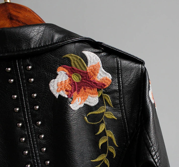 Versatile embroidered faux leather jacket for women, combining rock style and casual chic.