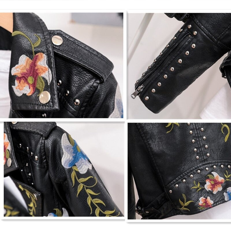 Trendy women's biker jacket in faux leather, featuring beautiful floral embroidery.
