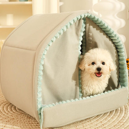 Enclosed Double Curtain Dog Bed with Removable Cushion - Lexians