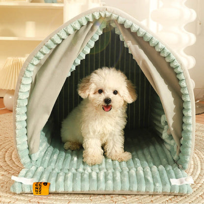 Enclosed Double Curtain Dog Bed with Removable Cushion - Lexians