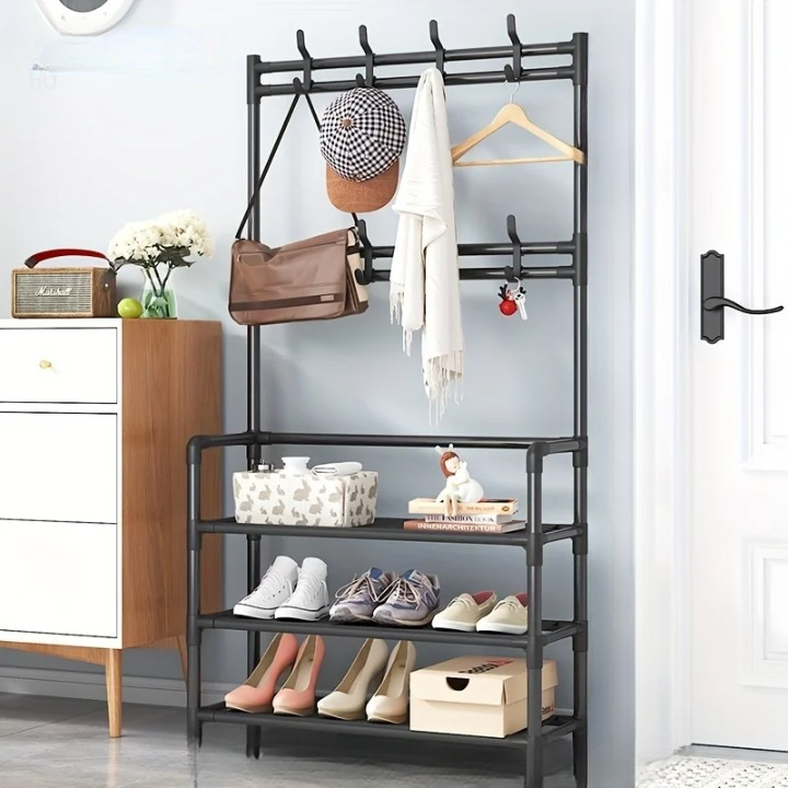 EntryMate entryway organizer: Space-saving steel coat rack with multi-layer shoe storage shelves for homes.
