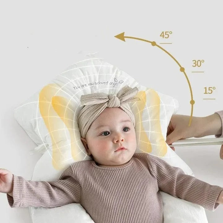 "Ergonomic infant support pillow with adjustable sides, recessed head zone for comfort and alignment, soft exterior, baby-saf