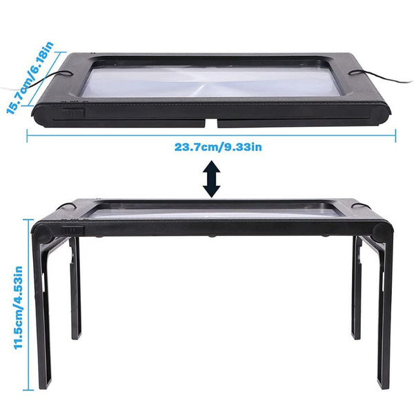 Ergonomic LED magnifier with luminous lens for elderly reading comfort, highlighting ergonomic design and compact portability