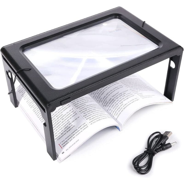 Ergonomic LED magnifier with luminous lens for elderly reading comfort, highlighting ergonomic design and compact portability