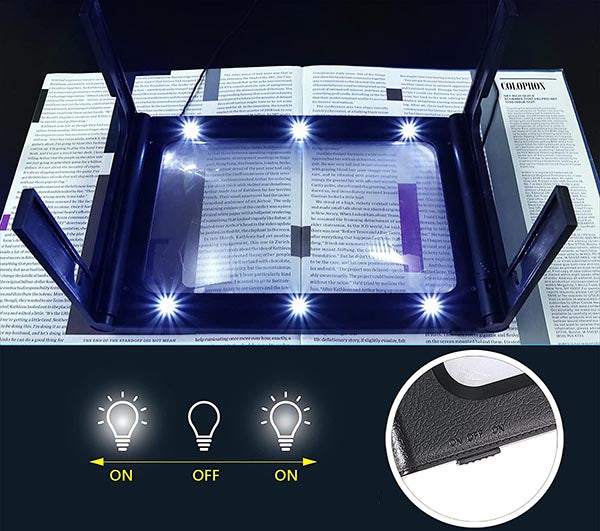 Ergonomic LED magnifier with luminous lens for elderly reading comfort, highlighting ergonomic design and compact portability