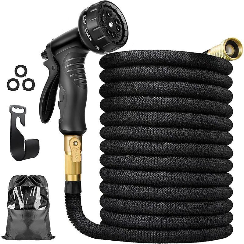 Expandable garden water hose coiled neatly, features durable green fabric, 8 spray modes, lightweight, 100 ft extension.