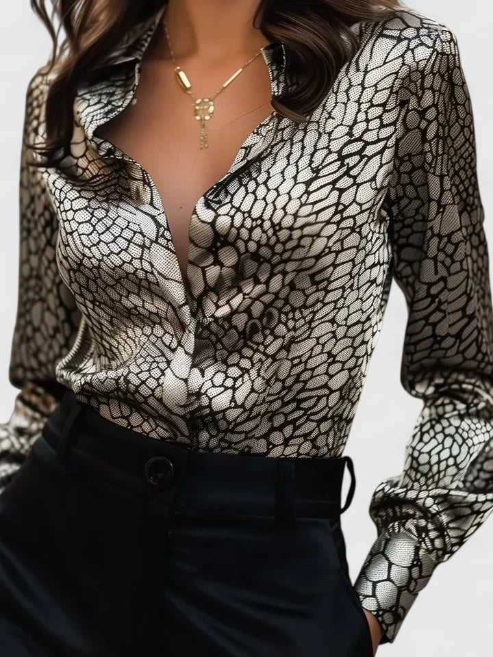 Chic black leopard print long sleeve collared blouse, women's professional office fashion top.