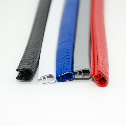 "Flexible car door edge protection strip with internal steel; fits curves, available in Black, Blue, Gray, Red; 32.8 ft long.