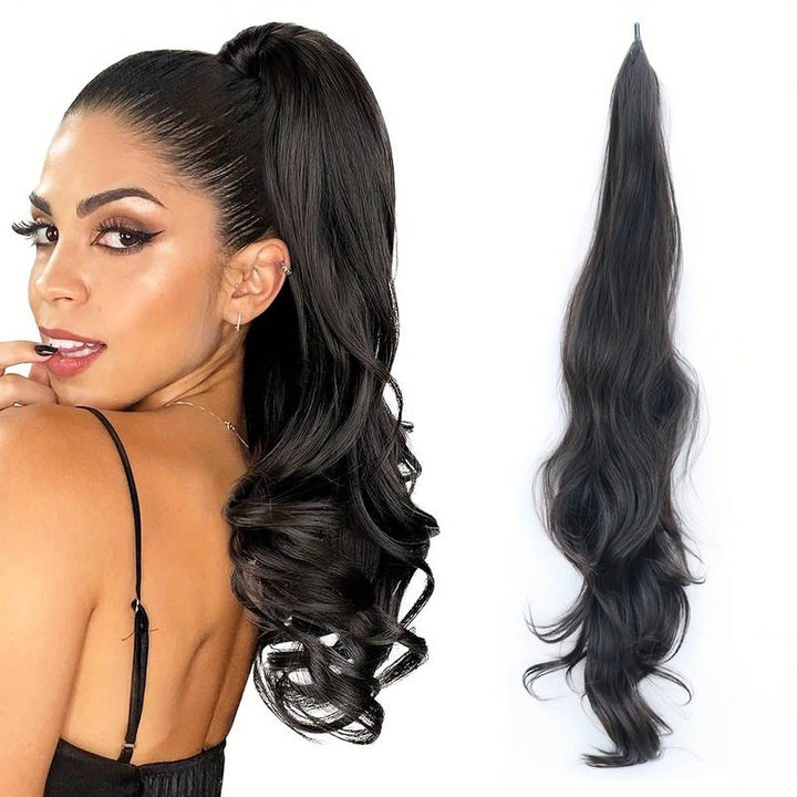 Long wavy wrap-around ponytail extension, synthetic, for easy hair volume and stylish looks.
