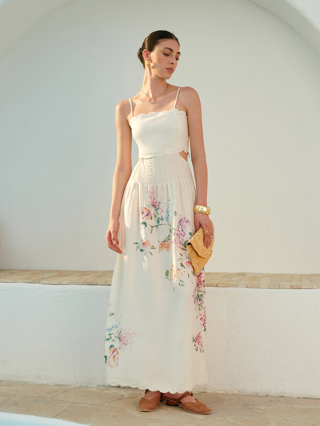 Women's white boho maxi sundress featuring a relaxed fit & flowy fabric for breezy summer comfort.