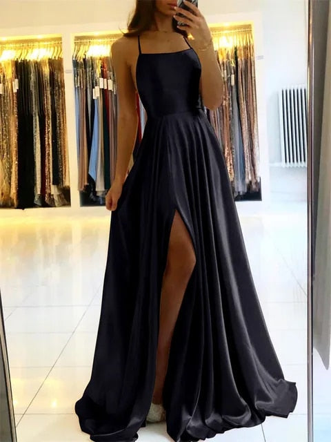 Soft flowing women's maxi dress, showcasing a graceful side slit; a comfortable yet chic long dress.