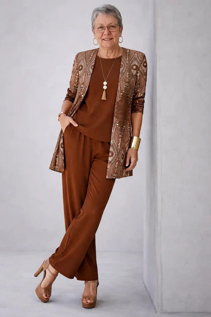 Chic women's smart casual 3-piece outfit. Blazer, simple top & straight-leg trousers for elegance.