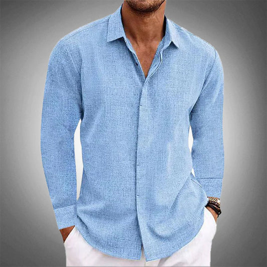 "Front view of men's modern long-sleeve shirt with hidden placket, lightweight, tailored fit, turn-down collar, curved hem"