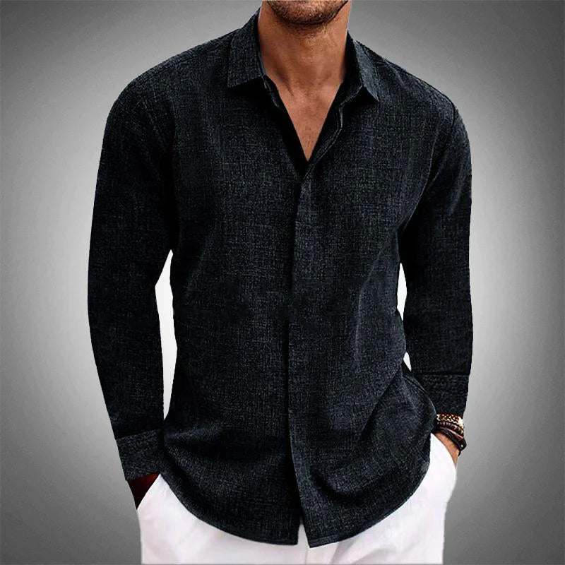 "Front view of men's modern long-sleeve shirt with hidden placket, lightweight, tailored fit, turn-down collar, curved hem"