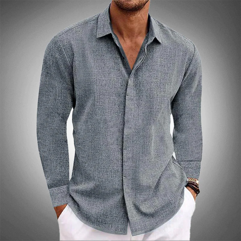 "Front view of men's modern long-sleeve shirt with hidden placket, lightweight, tailored fit, turn-down collar, curved hem"