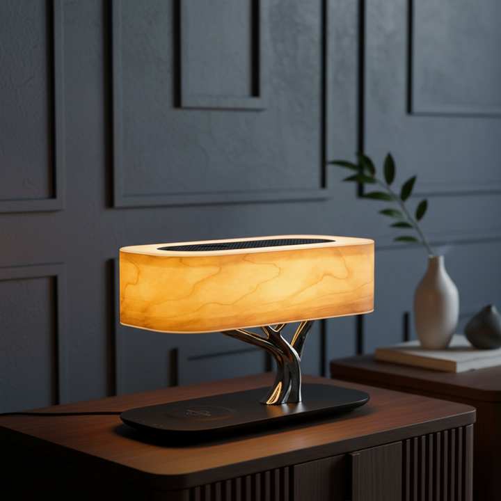 Stylish home decor LED lamp with integrated wireless charger & Bluetooth speaker, a smart tech accessory.