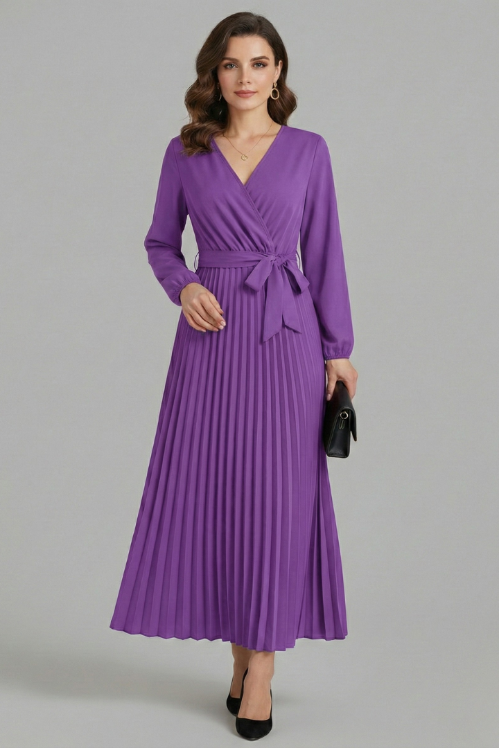 Front view of a versatile women's V-neck maxi dress, perfect for evening or casual wear, with pleated skirt & tie waist.