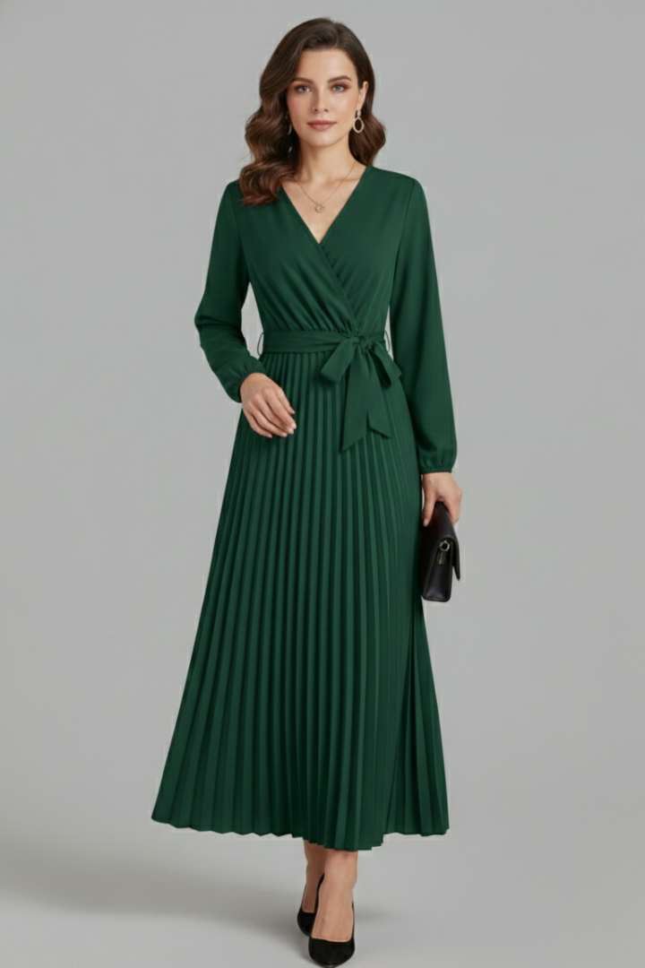 Fashionable women's V-neck maxi dress with a graceful pleated skirt, ideal for various occasions.