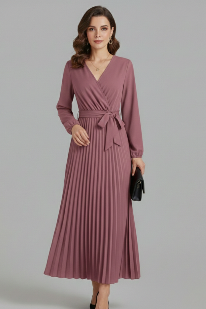 Elegant women's V-neck maxi dress with puff sleeves, a pleated skirt, and a refined tie waist for evening wear.