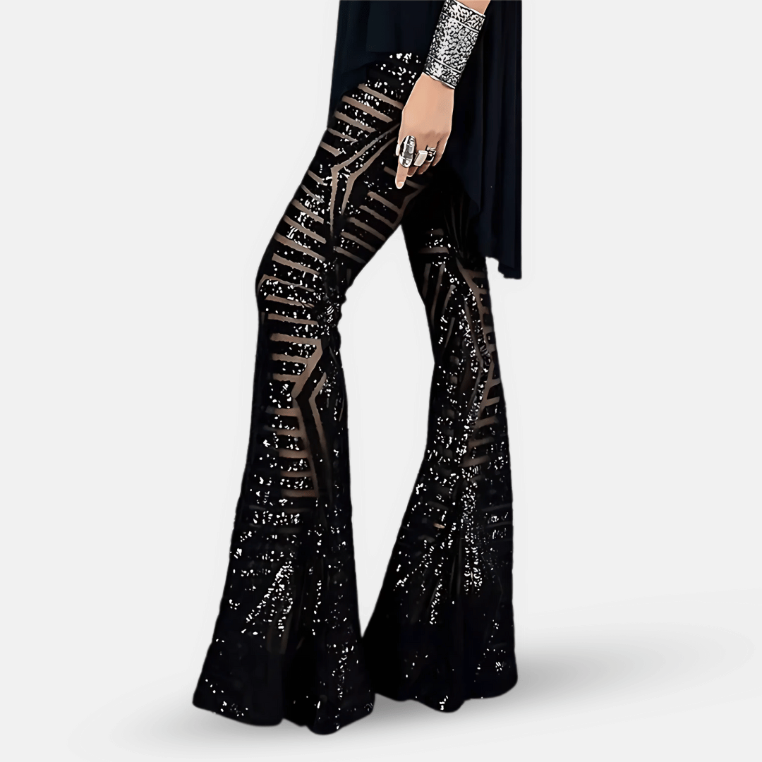 Chic women's sequin flare pants with a high waist, a dazzling statement piece for evening wear.