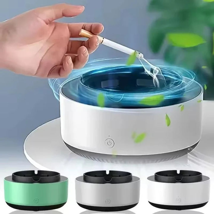 "Gray portable smokeless ashtray with air purifier for home and car use, featuring a sleek design and cigarette slots."