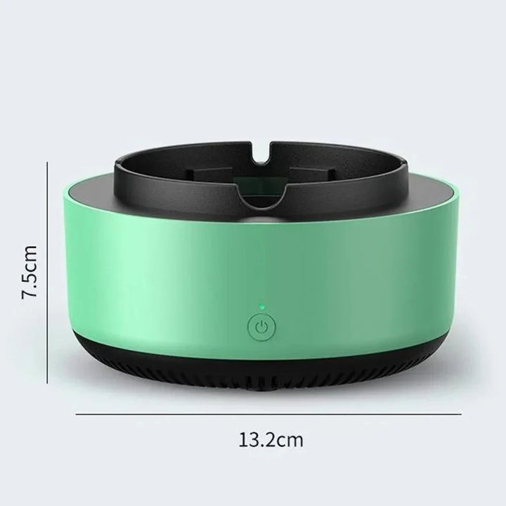 "Gray portable smokeless ashtray with air purifier for home and car use, featuring a sleek design and cigarette slots."