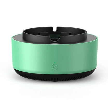 "Gray portable smokeless ashtray with air purifier for home and car use, featuring a sleek design and cigarette slots."