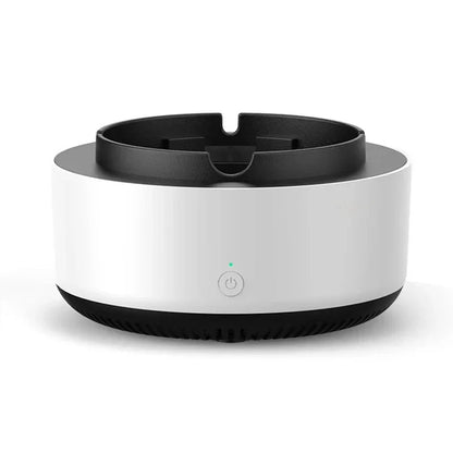 "Gray portable smokeless ashtray with air purifier for home and car use, featuring a sleek design and cigarette slots."