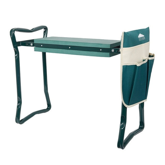 "Green ergonomic garden kneeler and seat with tool pouches, EVA cushion, and foldable steel frame for comfort and convenience