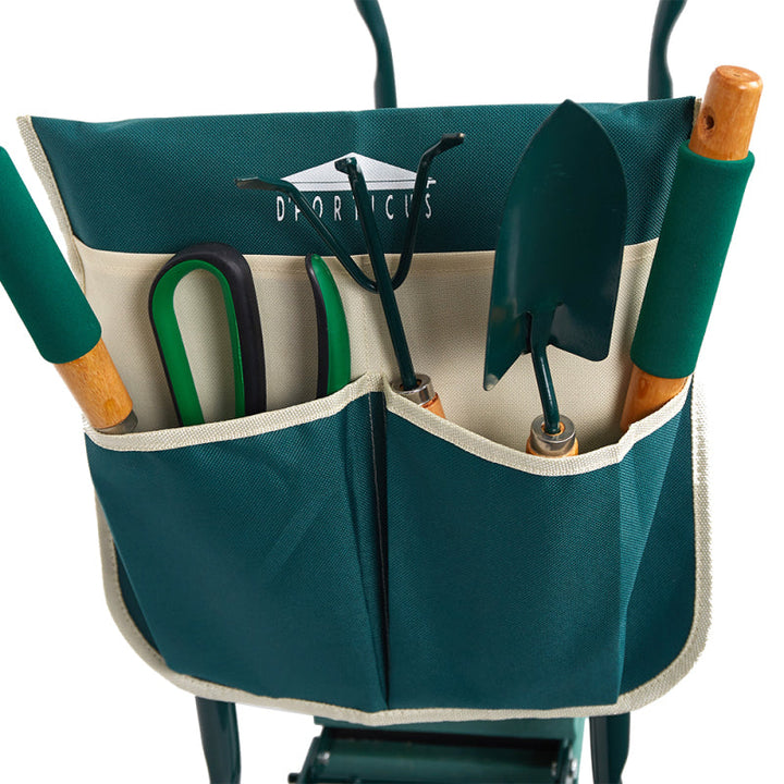 "Green ergonomic garden kneeler and seat with tool pouches, EVA cushion, and foldable steel frame for comfort and convenience