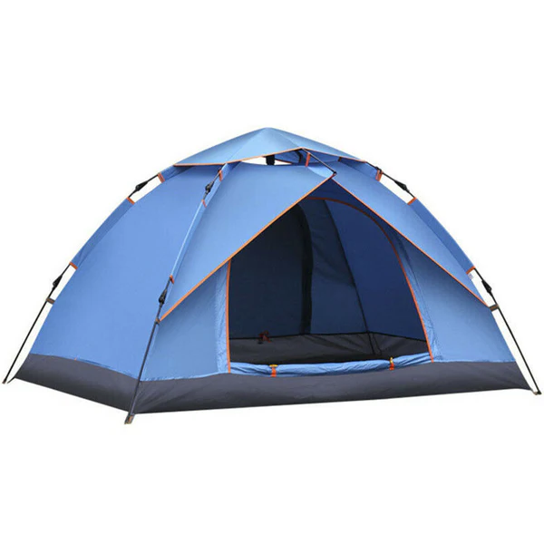 "Green instant setup camping tent with blue accents, quick setup, dual doors, spacious interior for 3-4, outdoor adventures"
