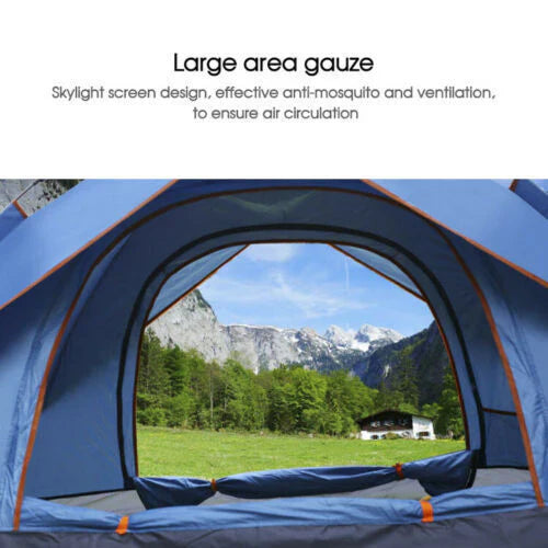 "Green instant setup camping tent with blue accents, quick setup, dual doors, spacious interior for 3-4, outdoor adventures"