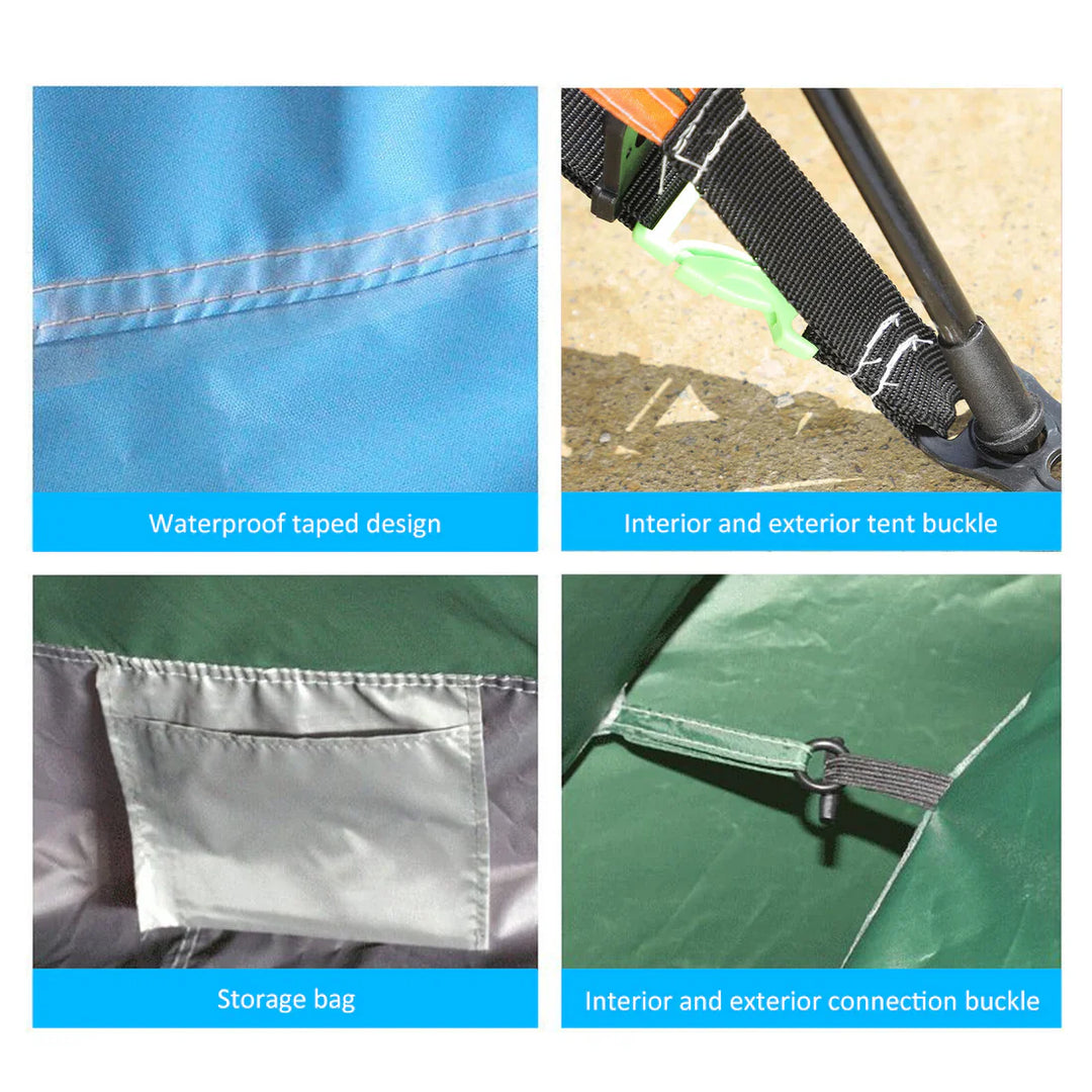 "Green instant setup camping tent with blue accents, quick setup, dual doors, spacious interior for 3-4, outdoor adventures"